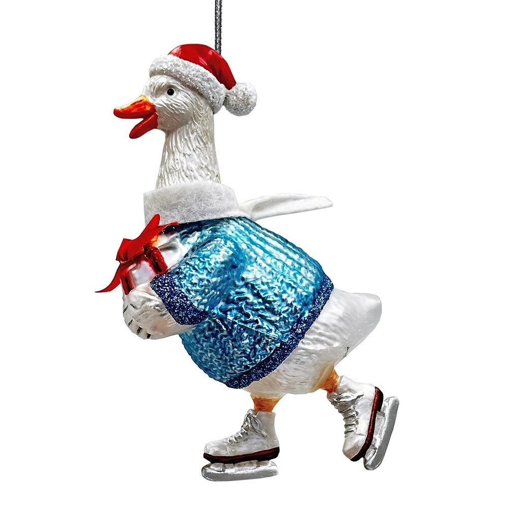 Ice Skating Duck Goose Glass Christmas Tree Ornament