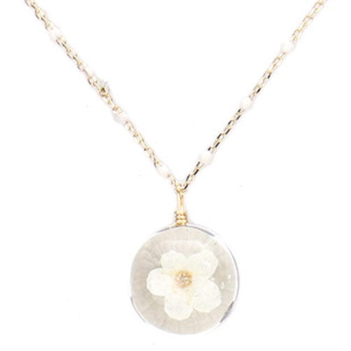 Pressed Flower Lucite Pendant Necklace (Cream Round)