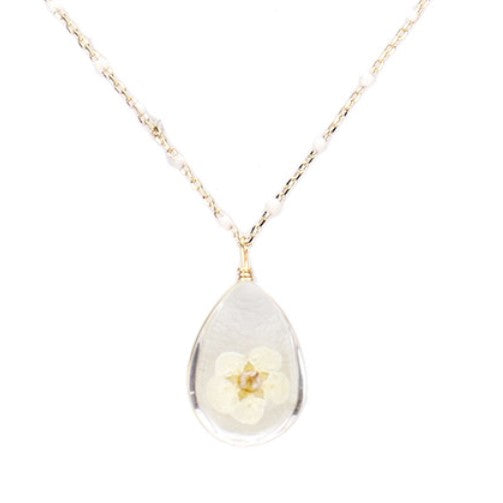 Pressed Flower Lucite Pendant Necklace (Cream Teardrop)