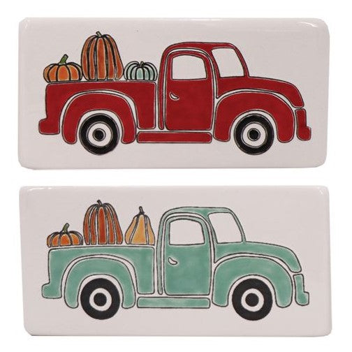 Pumpkin Truck Rectangle Box Sign features two vintage pickup filled with colorful pumpkins.
