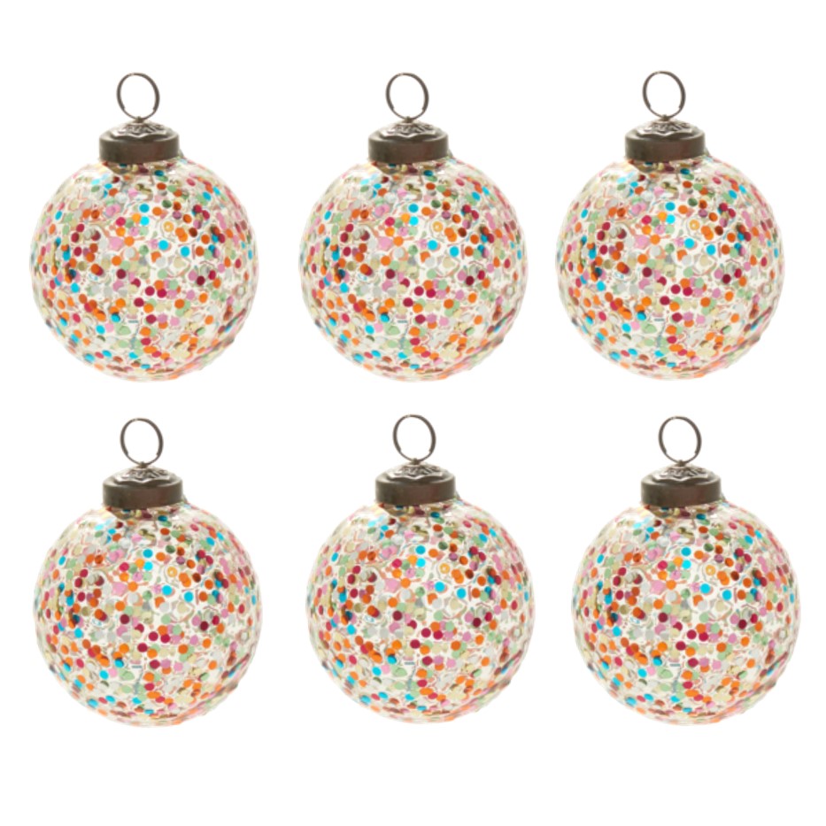 Glass Confetti Rainbow Glitter Christmas Tree Ornament (Small, Set of 6)