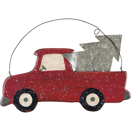 Red Truck & Silver Christmas Tree Hanger Wall Decor