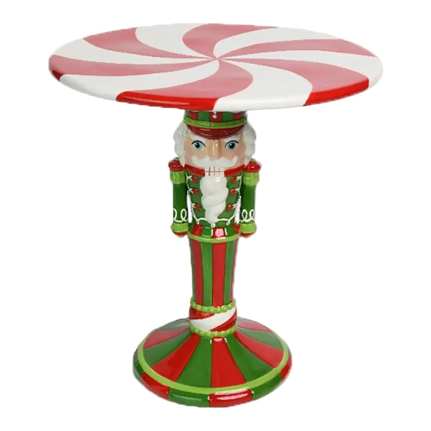 Red and Green Nutcracker Cake Pedestal features an 11" peppermint-style serving plate, perfect for displaying cakes, cookies and treats at Christmas.