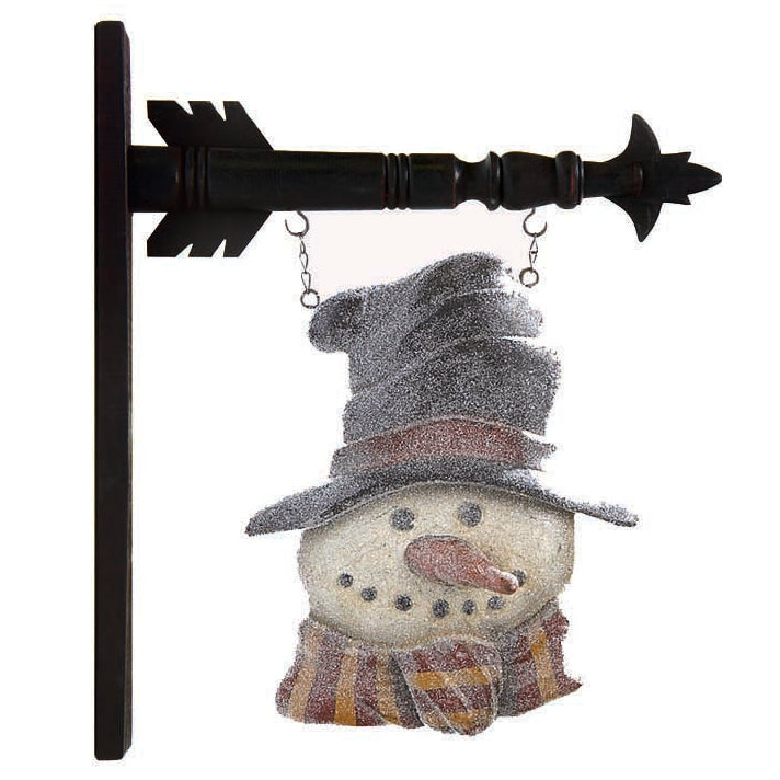 A decorative arrow replacement sign featuring a glittery snowman in a top hat, designed for use with an arrow bracket for holiday decor.