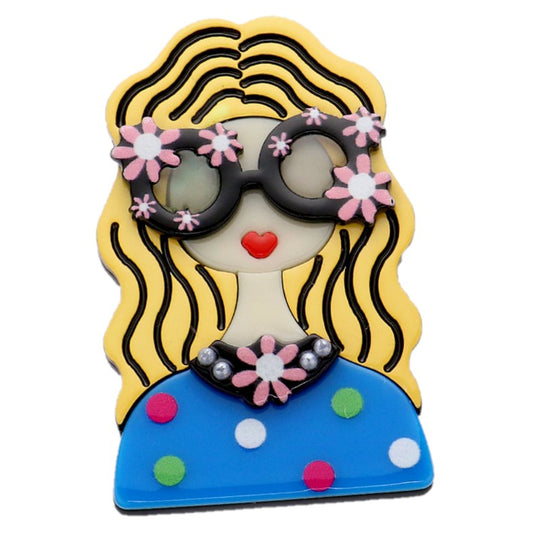 Yellow Blond Haired Lady With Flower Sunglasses Pin Brooch