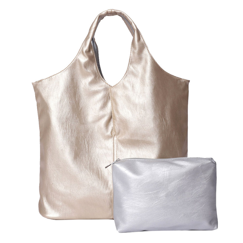 Reversible Metallic Purse Tote and Pouch Bag Set (Gold, Silver)