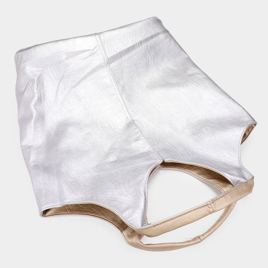 Reversible Metallic Purse Tote and Pouch Bag Set (Gold, Silver)