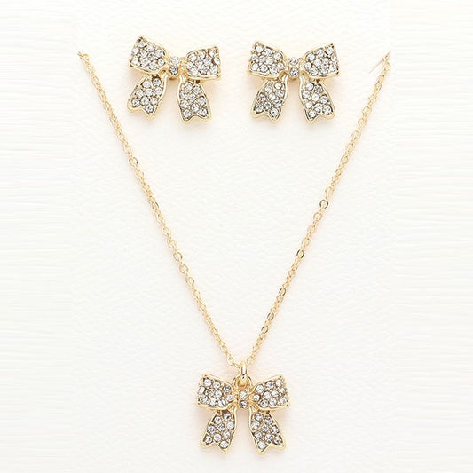 Rhinestone Bow Pendant Necklace and Earring Set