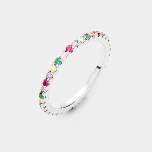 Rhodium Plated Colorful Rainbow CZ Ring - sz 6