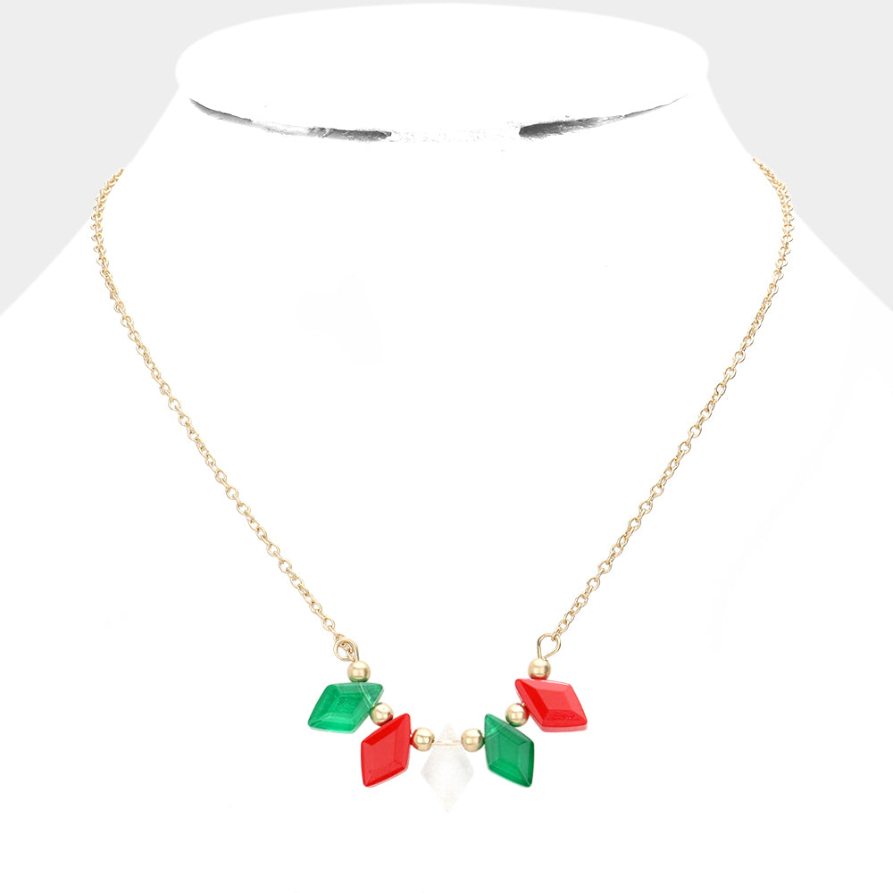 Rhombus Beaded Pendant Necklace (Red, Green, Clear)