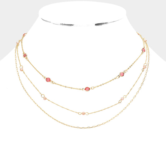 Pink Bead Station Triple Layered Bib Necklace
