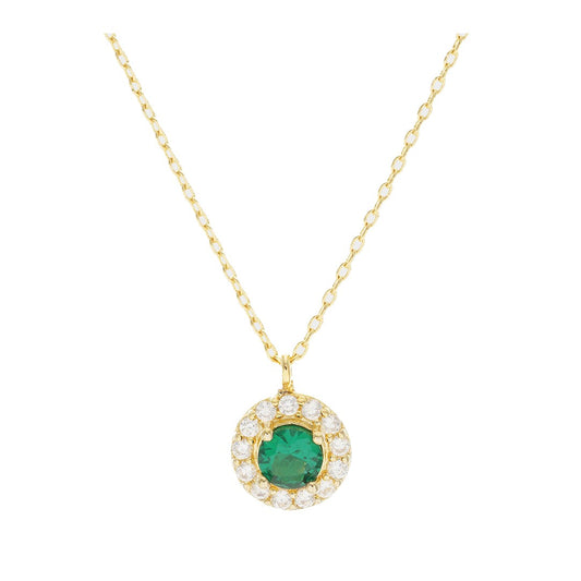 Gold Dipped CZ Cubic Zirconia Round Halo Pendant Necklace (Green)