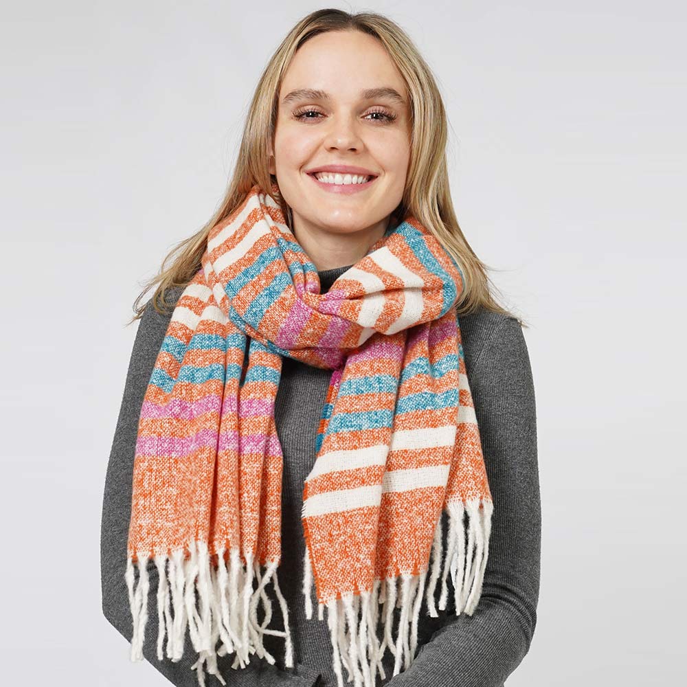 Striped Fringe Scarf (Orange Rust, Ivory, Teal)