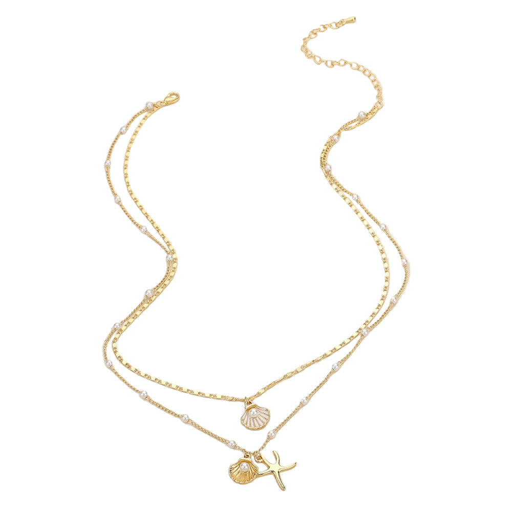 Pearl Scallop Shell Starfish Pendant Layered Necklace