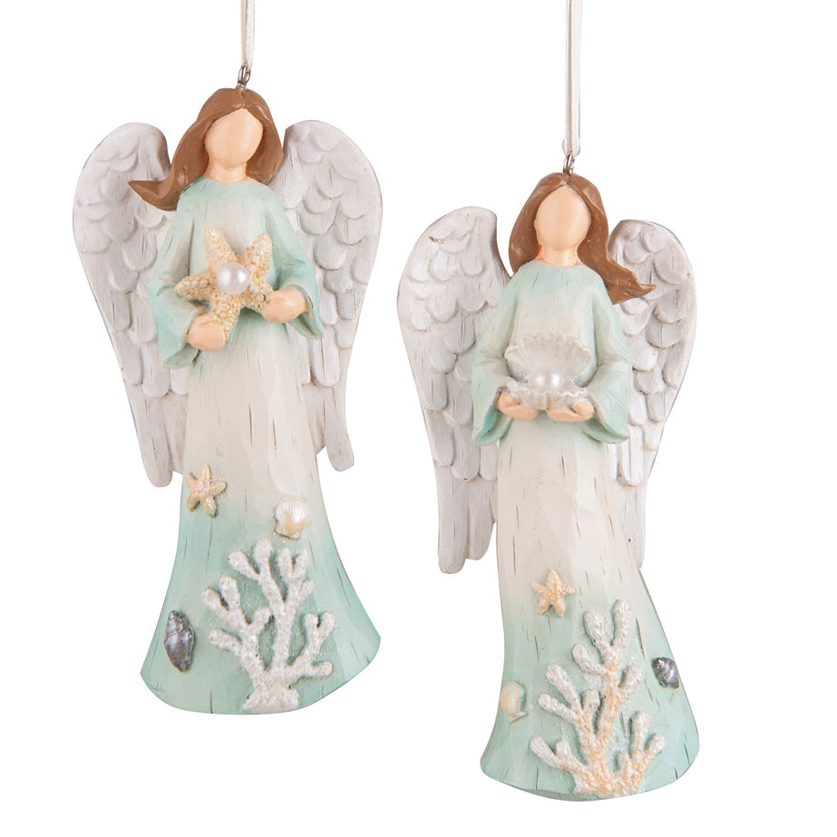 A set of two resin angel Christmas ornaments with sea life elements, such as fish and coral, decorations.