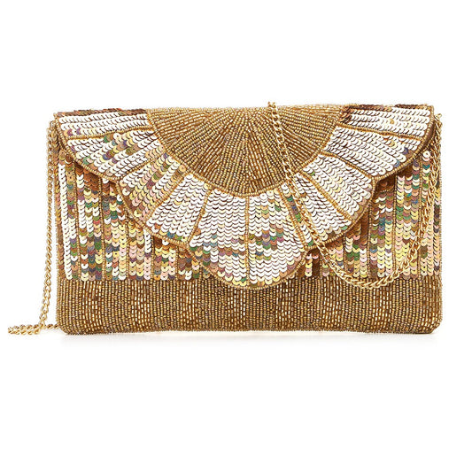 Gold Sequin Beaded Evening Clutch, Crossbody Bag, Purse