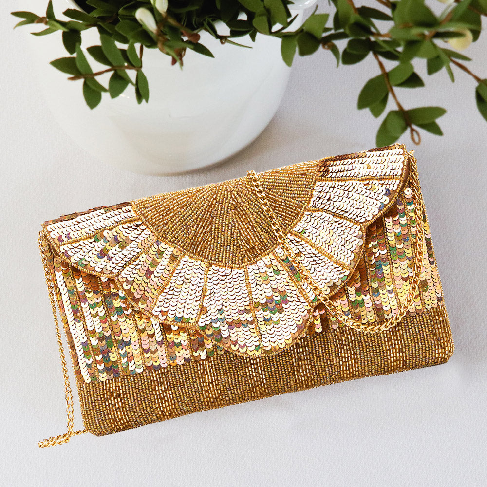 Gold Sequin Beaded Evening Clutch, Crossbody Bag, Purse