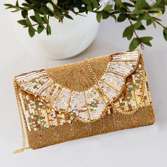 Gold Sequin Beaded Evening Clutch, Crossbody Bag, Purse