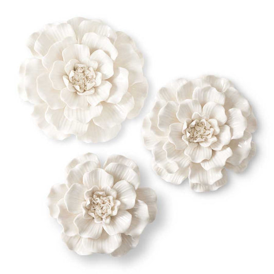 Wall Hanging Glossy Ceramic Wavy White Flowers (Set of 3)