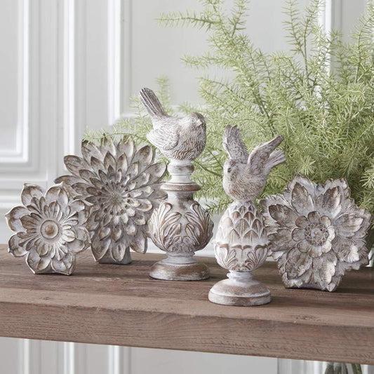 Whitewashed Carved Tabletop Flowers (set of 3)