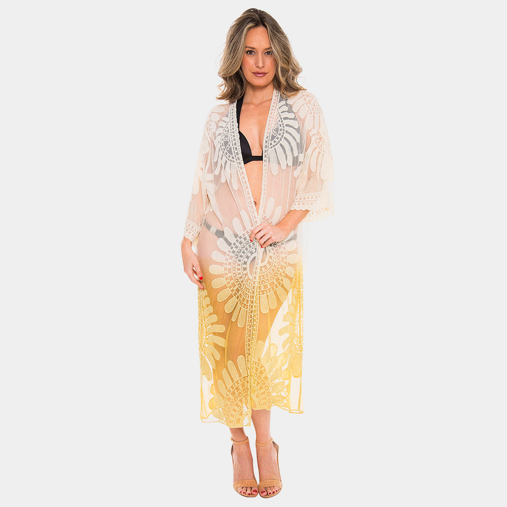 Mesh Embroidered Lace Beach Bathing Suit Cover- Up Long Kimono (Yellow, White)