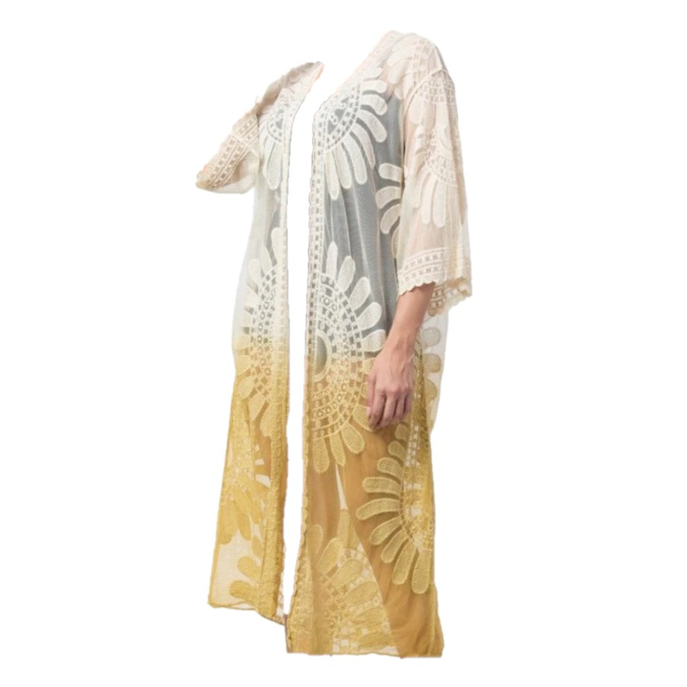 Mesh Embroidered Lace Beach Bathing Suit Cover- Up Long Kimono (Yellow, White)