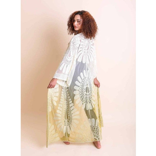 Mesh Embroidered Lace Beach Bathing Suit Cover- Up Long Kimono (Yellow, White)