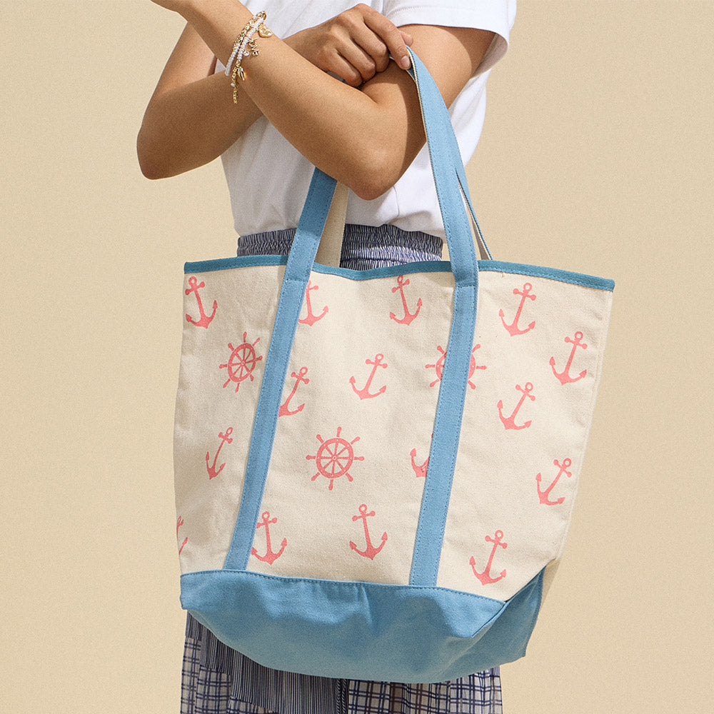 Nautical Anchor & Ships Wheel Beach Tote Bag