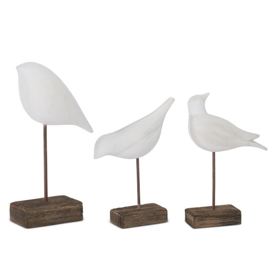 White Wood Shore Birds on Metal Spindles (Set of 3, Graduating Sizes)