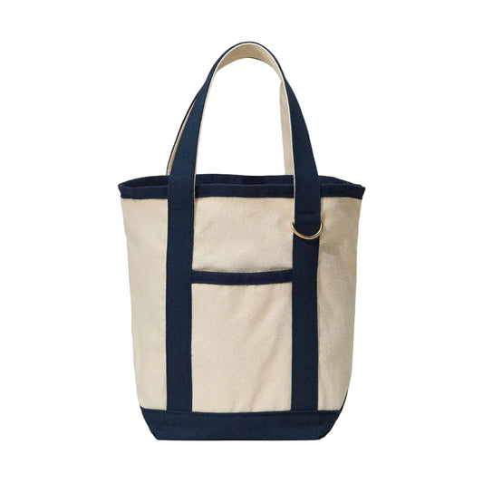 Tote bag with navy handles and trim on a white background