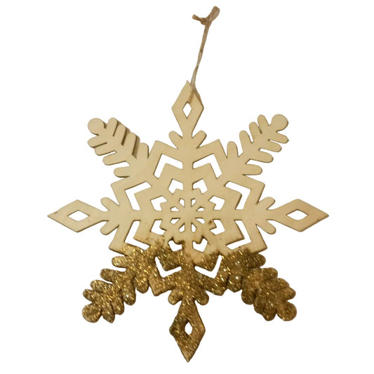Decorative snowflake ornament with gold glitter on a white background