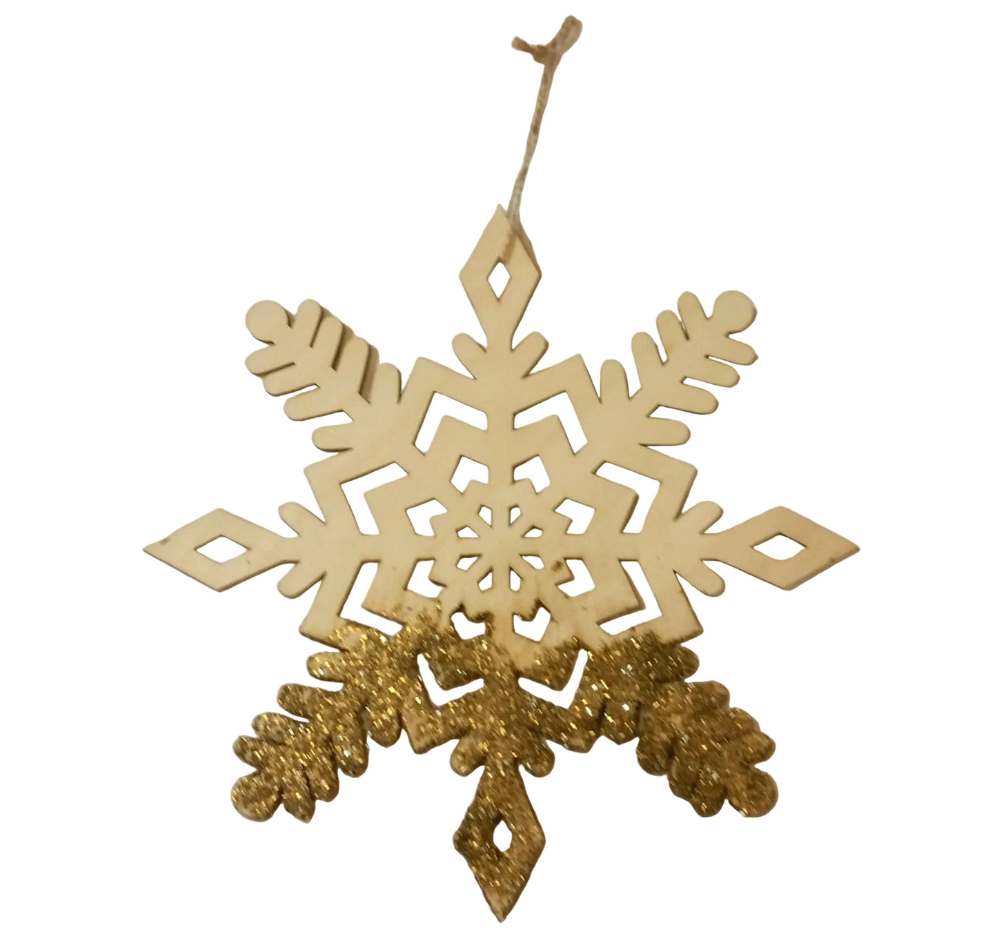 Large Wooden Snowflake Hanging Christmas Tree Ornament with Gold Glitter III