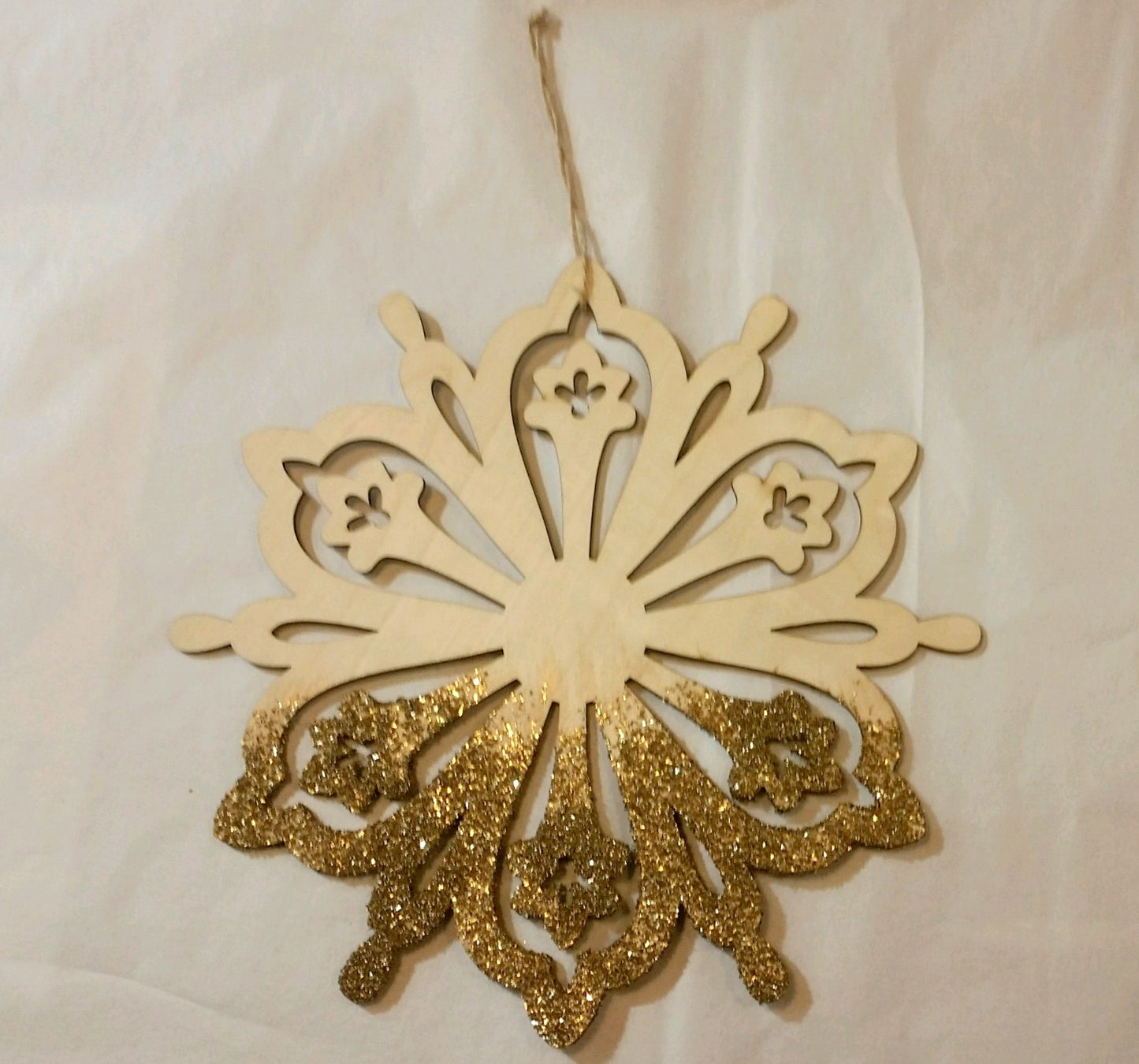 Large Wooden Snowflake Hanging Christmas Tree Ornament with Gold Glitter II