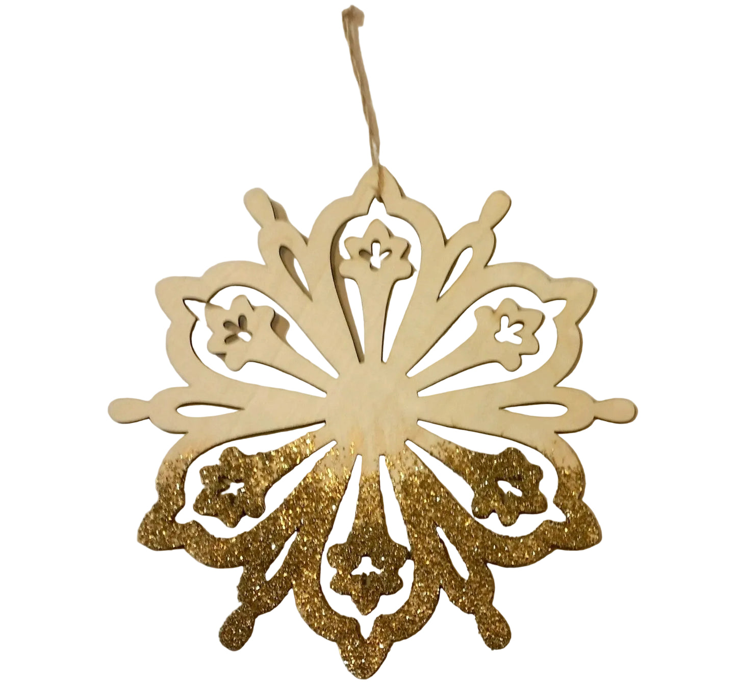 Large Wooden Snowflake Hanging Christmas Tree Ornament with Gold Glitter II