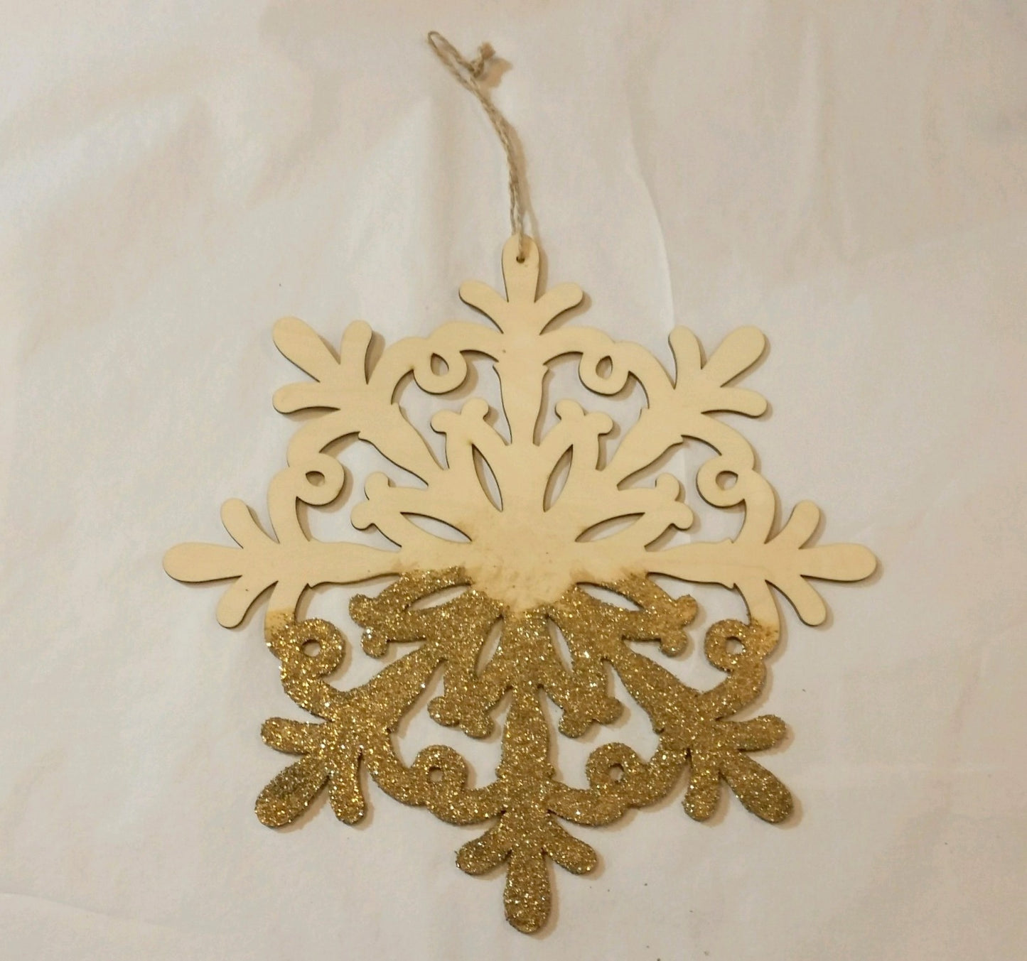 Large Wooden Snowflake Hanging Christmas Tree Ornament with Gold Glitter I