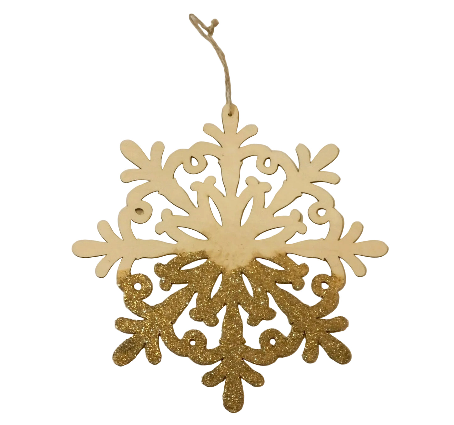 Large Wooden Snowflake Hanging Christmas Tree Ornament with Gold Glitter I