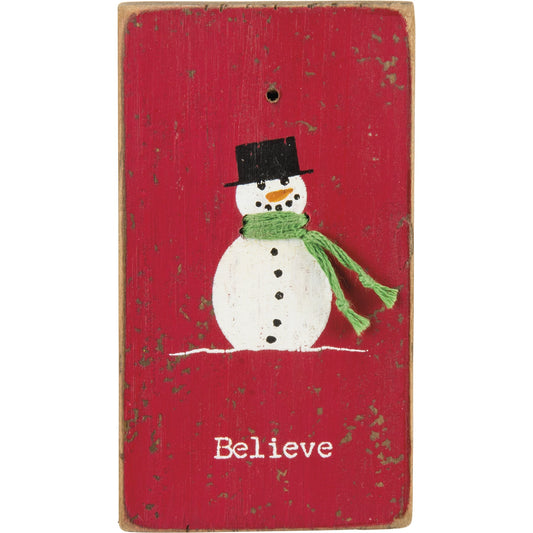 Snowman Believe Stitched Block Magnet Shelf Sitter