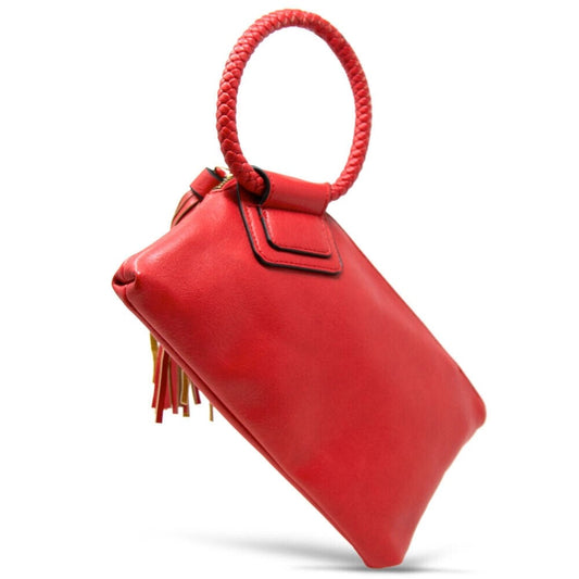 Vegan Leather Wristlet Clutch with Cuff Handle & Tassel (Red)