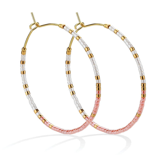 Miyuki Delica Beaded Hoop Earrings (White, Pink)