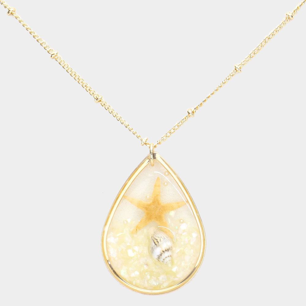 Starfish Conch Shell Accented Teardrop Pendant Necklace