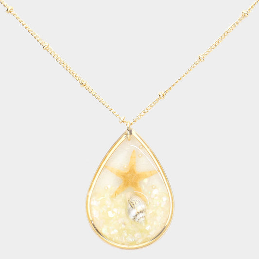 Starfish Conch Shell Accented Teardrop Pendant Necklace