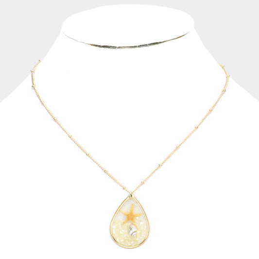 Starfish Conch Shell Accented Teardrop Pendant Necklace