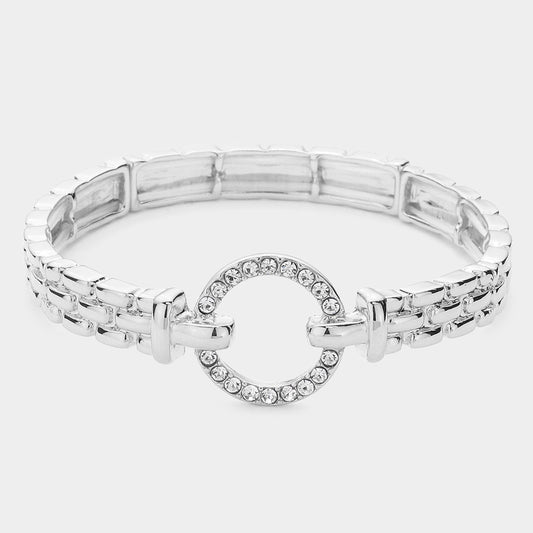 Stone Paved Open Circle Stretch Bracelet (Silver)