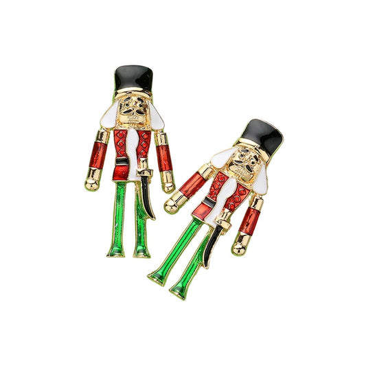 Enamel Dangle Rhinestone Nutcracker Christmas Earrings