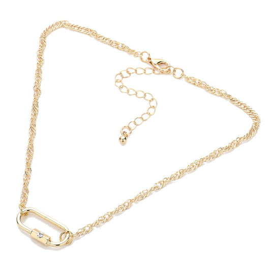 Rhinestone Accented Carabiner Pendant Choker Necklace (Gold)