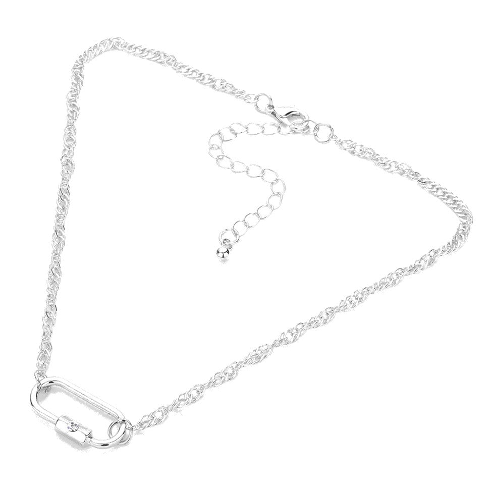 Rhinestone Accented Carabiner Pendant Choker Necklace (Silver)