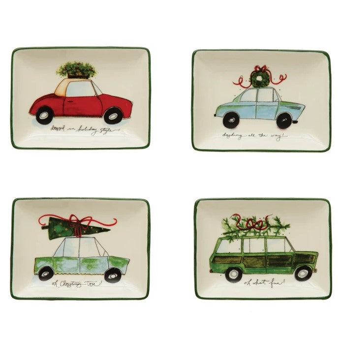 Stoneware Dish with Car and Holiday Saying (Set of 4)
