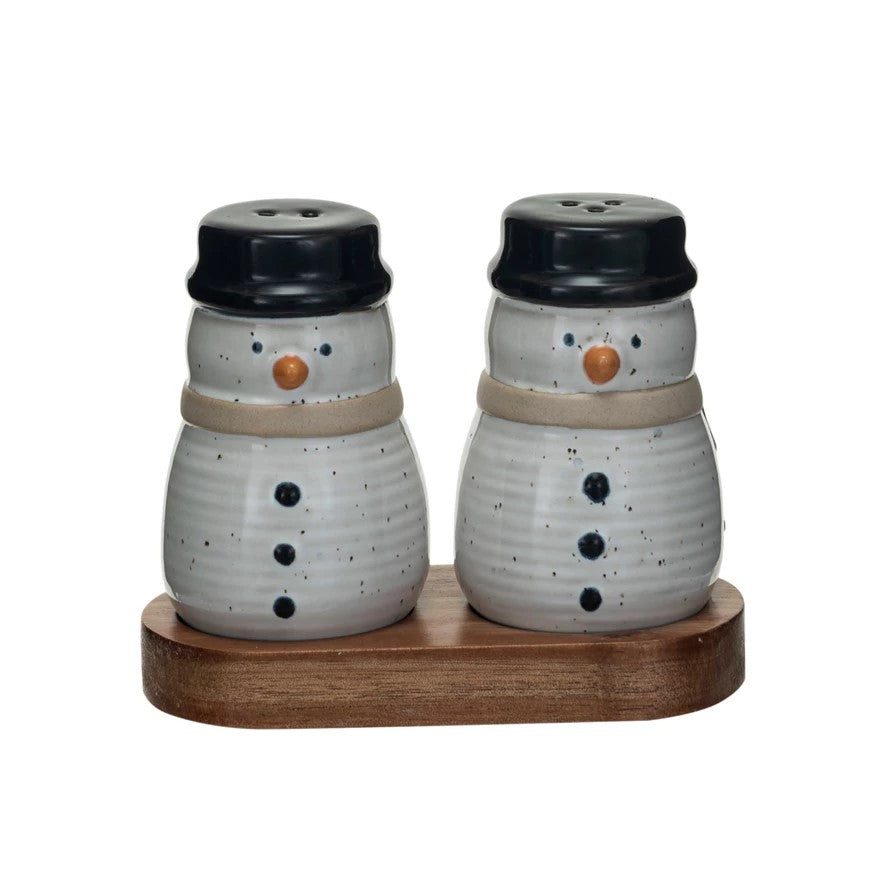 Snowman Salt & Pepper Set Wooden Tray