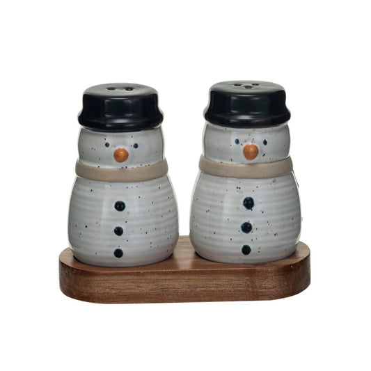 Snowman Salt & Pepper Set Wooden Tray