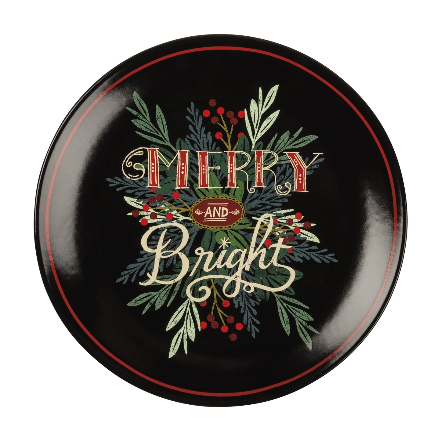 Botanical Black Merry and Bright Platter with Greenery & Berries